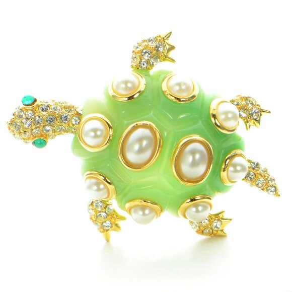 Kenneth Jay Lane KJL Crystal & Faux Pearl Turtle Pin Brooch - Picture 1 of 4